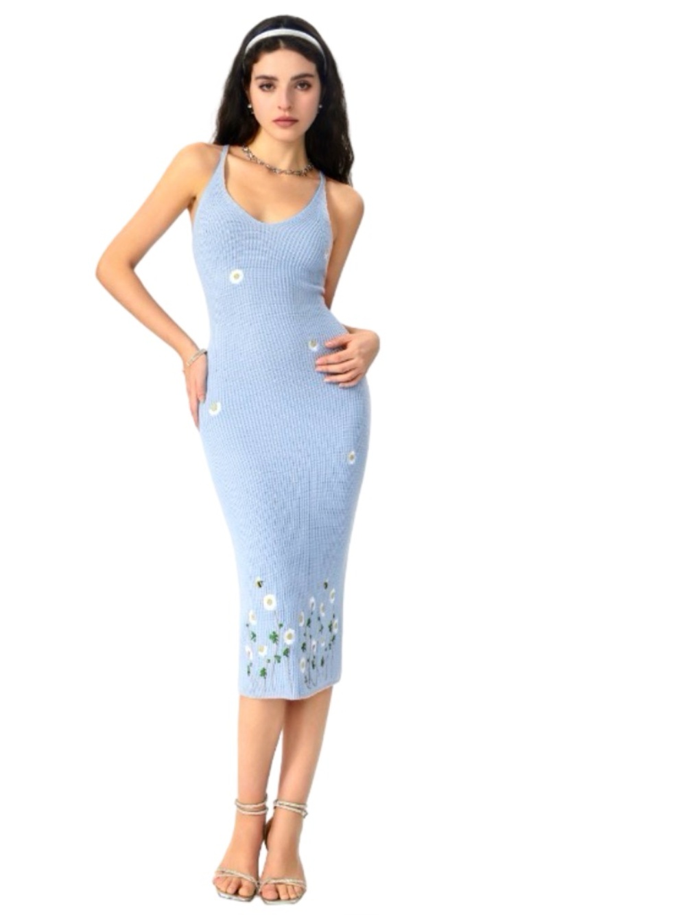 Cider Knit V-Neck Flower Graphic Embroidery Cami Midi Dress Sz M NWT